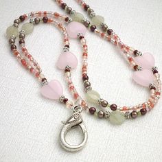 Beaded Lanyard Pink Hearts Soft Green Beads by Plumbeadacious Lanyard Pink, Glasses Necklace, Dark Burgundy