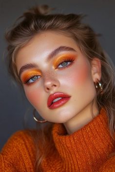 Bold Orange Eye Makeup, Eye Makeup To Go With Red Dress, Colorful Halloween Makeup Looks, Plaid Makeup Look, Subtle Orange Makeup, Purple Orange Makeup Look, Orange Eyeshadow Blue Eyes, Makeup Trends Fall Winter 2024, Orange Halloween Makeup Looks