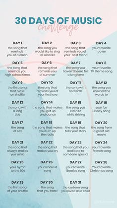 the 30 days of music challenge is shown in blue and pink with an abstract background