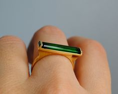 Forest Green Tourmaline 14K Yellow Gold Ring Minimal, Natural Bar Gemstone Chrome, October Birthstone Birthday Gift Wife Mother's Day - Etsy Handmade Tourmaline Gold Ring, Unique Green Tourmaline Jewelry, Modern Green Tourmaline Jewelry, Fine Jewelry Green Tourmaline Gemstones, Yellow Gold Tourmaline Cabochon Ring, Tourmaline Jewelry, Yellow Fashion, Green Tourmaline, October Birth Stone