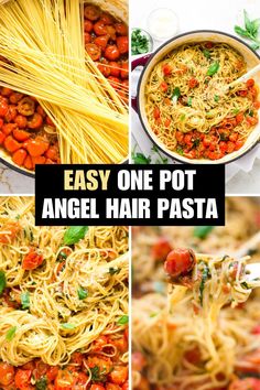 one pot angel hair pomodoro pasta - collage with four photos Summer Angel Hair Pasta, One Pot Angel Hair Pasta, Easy Healthy Tortellini Recipes, Angle Hair Pasta Recipe, Angel Hair Pasta Recipes Easy, Angelhair Pasta Recipes, Ww Pasta, Angel Hair Noodles, Easy One Pot Pasta