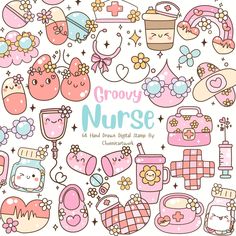 a group of cartoon nurse themed items in pink and blue colors with the words grooy nurse on it