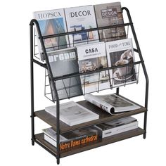 a magazine rack with magazines and books on it