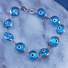 "6.5\", Vintage handmade sterling 925 silver bracelet, blue glass evil eye beads, stamped 925 IBB" Glass Evil Eye, Evil Eye Beads, 925 Silver Bracelet, Bracelet Blue, Eye Beads, Bracelet Vintage, Chain Link Bracelet, Blue Glass, Evil Eye