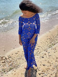 Lace Maxi Dress For Beach Cover-up, Fitted Bohemian Blue Cover-up, Lace Maxi Dress For Beach Season, Lace Maxi Dress Beach Cover-up, Lace Crochet Maxi Dress For Vacation, Lace Crochet Maxi Length Dress, Bohemian Lace Maxi Dress For Beach Season, Lace Maxi Dress For Beach, Lace Maxi Dress For The Beach