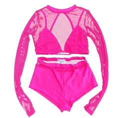 This Neon Pink Cropped Mesh Outfit Is Perfect For A Rave Or Festival! Never Worn Brand New! Size Large But Fits More Like A Medium Bottoms Are A Swimsuit Material The Back Of The Top Had A Triangle Cutout Waistband Of The Shorts- 13 Inches Length Of The Shorts- 8 Inches Sleeve Length- 27 Inches Top Length- 13 Inches All Prices Are Negotiable Mesh Outfit, Barbie Wardrobe, Swimsuit Material, Wardrobe Ideas, Mesh Long Sleeve, Soul Food, Long Sleeve Crop Top, High Waisted Shorts, Neon Pink