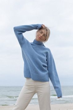 "Warm merino and cashmere wool top is a reasonable gift for people who loves classic & sustainable fashion. Hand knitted well made sweater is every woman's helper when you don't have a time to choose your outfit. Super soft merino and cashmere wool yarns sweater will look perfectly & stylish with jeans or skirt. Full length sleeves, cosy neck feels like second skin. Simplicity is the key. Ethically made & designed in Wool House studio, Lithuania Composition: 85% merino wool, 15% cashmere wool. M Wool Sweater Blue, Fitted Blue Wool Sweater, Cozy Blue Merino Wool Sweater, Blue Soft Knit Turtleneck Sweater, Blue Merino Wool Fine Knit Sweater, Blue Sweater Outfit, High Neck Jumper, Yarn Sweater, Woolen Sweaters