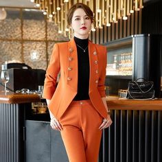 Features: Style: Formal Occasion: Daily/Office Material: Polyester Sleeves: Long Sleeves Neckline: Turnover Collar Pattern: Button Design Type: Office Lady Suits Season: Fall/Spring Size Bust Length Waist Hips cm inch cm inch cm inch cm inch S 86 34 60 24 64 25 88 35 M 90 35 60 24 68 27 92 36 L 94 37 61 24 72 28 96 38 XL 98 39 61 24 76 30 100 39 2XL 102 40 62 24 80 31 104 41 3XL 106 42 62 24 84 33 108 43 4XL 110 43 63 25 88 35 112 44 Fitted Button-up Sets With Buttons, Fitted Sets With Button Closure For Fall, Fitted Fall Sets With Buttons, Office Sets With Buttons For Fall, Fitted Orange Workwear Sets, Fall Workwear Sets With Buttons, Lady Suits, Suits Clothing, Style Formal