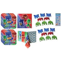 the pj masks party pack includes plastic tableware, napkins and cups with toothbrushes