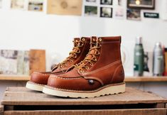 These American Heritage 6" wedge moc toe boots are made to last a lifetime. Brown Rugged Wedge Boots With Reinforced Toe, Rugged Brown Wedge Boots With Reinforced Toe, Rugged Wedge Boots With Reinforced Moc Toe, Brown Wedge Boots With Reinforced Moc Toe, Rugged Leather Wedge Boots With Moc Toe, Thorogood Boots, Moc Toe Boots, Work Boot, Toe Boots