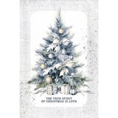 a white christmas card with a tree and presents on the bottom, in front of it