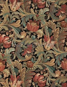 an intricately designed wallpaper with flowers and leaves on black background, close up