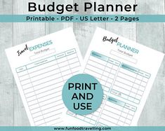 the print and use budget planner is shown on top of a wooden table with a blue circle