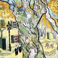 a painting of two people walking down a street next to a tree with yellow leaves