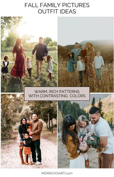 family pictures with text overlay that says, fall family pictures outfits ideas warm rich patterns with contrasting colors