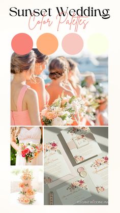 the sun set wedding color palette is shown in pink, orange and yellow tones with flowers on