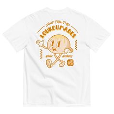 "Introducing our Retro Loukoumades Heavyweight T-Shirt! This delightful tee features an adorable mascot surrounded by the quotes \"Sweet Pillow Puffs\" and \"Golden Goodness.\" Embrace the irresistible charm of these delectable Greek treats while flaunting a touch of nostalgia. Get ready to indulge in style and share your love for these heavenly golden delights! 💎 PREMIUM QUALITY --  Crafted from high-quality  ring-spun cotton, designed for both comfort and durability. Its soft and breathable f Greek Tshirt Designs, Cute Short Sleeve Logo Print T-shirt, Cute White T-shirt For Streetwear, Cute Short Sleeve T-shirt With Logo Print, White Crew Neck T-shirt With Cartoon Print, White Cartoon Print T-shirt For Streetwear, White Short Sleeve T-shirt With Cartoon Print, White Graphic Tee With Funny Print, White Funny Print Short Sleeve T-shirt