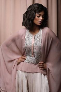 Shop for Nandita Thirani Beige Georgette Embroidered Kaftan Top And Dhoti Pant Set for Women Online at Aza Fashions Pink Kaftan, Onion Pink, Embroidered Kaftan, Kaftan Top, Asymmetrical Hem Top, Dhoti Pants, Embroidered Neckline, Satin Color, Hem Top