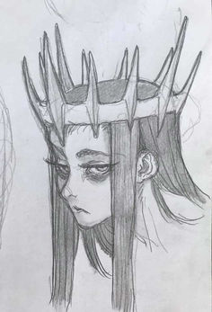 a pencil drawing of a girl with horns on her head and hair in the background