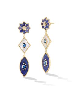 The Fez drop earrings are inspired from the ancient and mysterious Moroccan city.  The city’s rich spiritual and cultural traditions are represented in these earrings as timeless, colorful, and exotic. Enjoy these beautiful, elegant, and refined earrings either for that special occasion or simply for everyday elegance. 18K Fine Gold Stones: Lapis Lazuli, Mother of Pearl, 0.072 ct Diamonds, 1.4 Ct Blue Sapphire , Malachite,    0.072 ct Diamonds, 0.95 ct Emeralds,  or Pink Opal, MOP, 0.895 Ct Pink Sapphire and 0.072 Ct Diamonds. Size: 60mm This Item is made to order. Please allow 8-10 weeks for delivery. Moroccan City, Cultural Traditions, Chic Pillows, Everyday Elegance, Gold Work, Pink Opal, Gold Jewelry Fashion, White Sapphire, Elegant Earrings