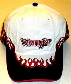 New with tags 90s Vintage Original Wrangler Flames Style Mens Strapback hat. The front has the embroidered Wrangler logo on it. The bill and sides of the hat has the embroidered Flames design on it as well. The back of the hat has the sewn on Wrangler tag on it.  The back has the adjustable strapback strap on it. Made of cotton material. Vintage Rodeo Baseball Cap With Curved Brim, Vintage Curved Brim Baseball Cap For Rodeo, White Western Snapback Baseball Cap, White Western Style Snapback Baseball Cap, Western Style White Snapback Hat With Curved Brim, Casual Curved Brim Baseball Cap For Rodeo, Casual White Hats For Rodeo, Adjustable Casual Baseball Cap For Rodeo, Casual Snapback Baseball Cap For Rodeo