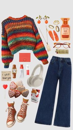 Colorful Retro Aesthetic Outfits, Outfit Ideas Retro, 90s Colourful Outfit, Kooky Outfits, Retrocore Aesthetic Outfits, Bright Casual Outfits, Cute Outfits Vintage, Winter Fits Colourful, Nerdcore Fashion