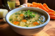 a white bowl filled with soup next to carrots and celery