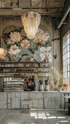 the interior of a coffee shop with flowers painted on the wall and large chandeliers hanging from the ceiling