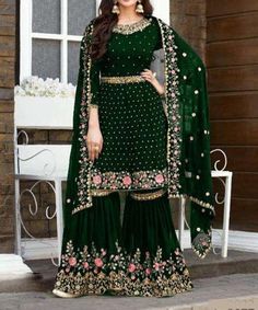 Buy the latest collection of Pakistani Party Sarara dresses from Nazon Brand and experience the best about eastern clothes. Are you ready to buy The Latest Pakistani Women's Party Sarara Dresses? * Color-  Green (Same as the picture) * Product Size- 38/42/44 * Dimensions- 13×10×2 in * Weight-1.8 lbs * Top :- soft net + Embroidery work+Sequence  * Sleeves :- soft net+ Embroidery Work  * Inner: santun ( Attached with top )  * Bottom :- santoon  * Dupatta :- soft net +embroidery work +SIDE Lace  * Green Embellished Palazzo Set For Wedding, Embellished Green Palazzo Set For Wedding, Embellished Green Dress For Navratri, Embellished Green Palazzo Set For Party, Semi-stitched Long Dresses For Party, Long Semi-stitched Party Dresses, Traditional Drape Green Georgette Dress, Embellished Green Kurta For Party, Green Long Sharara For Wedding