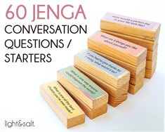 there are several wooden blocks stacked on top of each other with the words, conversation questions / starters