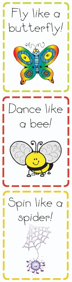 three different types of cards with words on them, one says fly like a butterfly and the other says dance like a bee