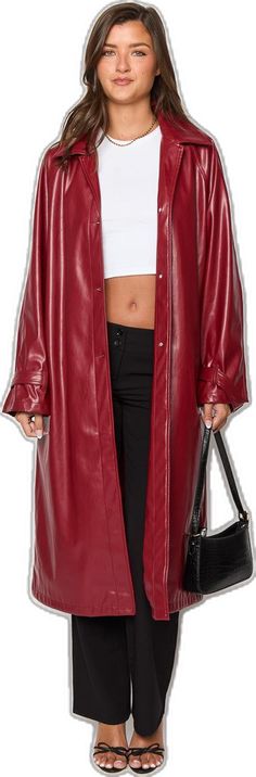 Red Leather Trench Coat Outfit, Style With Black Jeans, Long Red Leather Coat, Red Leather Outerwear With Pockets, Low Waist Pants, Red Single Breasted Button-up Outerwear, Neutral Heels, Red Single-breasted Leather Outerwear, Pu Heels