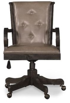 an office chair with wheels and leather upholstered on the back, viewed from the front