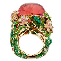 Christian Dior Diorella 45ct Rubellite Diamond Yellow Gold Cocktail Ring 0002769 Yellow Gold Cocktail Ring, Dior Gold, Expensive Rings, Gold Cocktail Ring, Dior Jewelry, Gold Cocktail, Diamond Flower, Floral Jewellery, Green Enamel