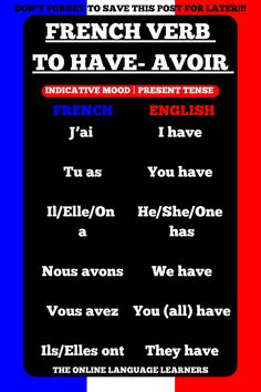 the french verb to have - avoir poster is shown in red, white and blue