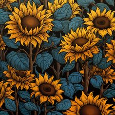 a painting of sunflowers with blue and yellow leaves in the foreground, against a black background