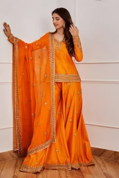 Buy Orange Chanderi And Organza; Lining: Shantoon Kurta Sharara Set For Women by Jigar Mali Online at Aza Fashions. Jigar Mali, Dholki Dress, Plazzo Suit, Sharara Designs, Latest Bridal Dresses, Pakistani Fashion Party Wear