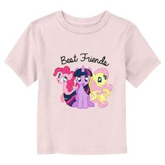 Join in on the spirit of magic with exciting new officially licensed apparel for the whole family from the ever-popular animated series My Little Pony: Friendship is Magic! This Toddlers' My Little Pony: Friendship is Magic Best Friends Graphic T-Shirt features Fluttershy, Pinkie Pie, and Twilight Sparkle posing cutely below the words: "Best Friends" printed in script black lettering. Grab this My Little Pony: Friendship is Magic gear for your baby today and head on down to Ponyville in style! Character Print T-shirt For Disney Fan Events, Short Sleeve T-shirt With Character Print, Character Style Short Sleeve T-shirt With Cartoon Print, Character Crew Neck T-shirt With Cartoon Print, Pink Disney T-shirt With Letter Print For Fan Events, Pink Cartoon Print Fan Merchandise T-shirt, Pink Cartoon Print T-shirt For Fan Merchandise, Pink Cartoon Print T-shirt For Fans, Pinkie Pie And Twilight Sparkle