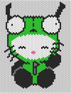 a cross - stitch pattern of a green and black cat wearing a suit, with one eye closed