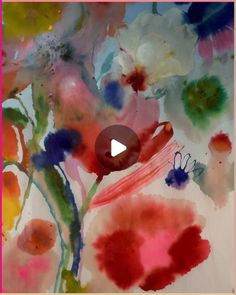 an abstract painting with red, white and blue flowers