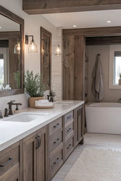 Showcasing transitional bathroom design, this rustic bathroom softens reclaimed wood with sleek stone surfaces. Contemporary fixtures give the rustic aesthetic a modern update. Ideal for refined, earthy appeal. Click here for rustic modern bathroom tips. Knotty Alder Bathroom Cabinets Master Bath, Rustic Master Bath Vanity, Dark Stained Wood Bathroom Vanity, Bathroom Vanity Stain Colors, Rustic Farmhouse Vanity Bathroom, 2 Sink Wood Bathroom Vanity, Double Sink Master Bath Vanity, Barndominium Master Bath Ideas, Modern Western Bathroom Ideas