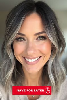 Dark hair with subtle, graphite gray highlights around the edges. The highlights add a modern twist to the hair and create a sleek, polished look. Brighten Gray Hair, Silver Hair Color Ideas, Dimensional Highlights, Hair Color Options, Jet Black Color, Silver Ombre, Silver Hair Color