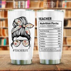 two personalized tumblers with the names teacher and nutrition fact on them, sitting on a table in front of bookshelves