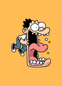 a cartoon character holding onto the back of a cell phone with its mouth open and tongue out