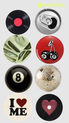 several different types of buttons with the words i love me written on them in black, white and red