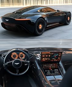 the inside and outside view of a black sports car with orange lights on it's dashboard