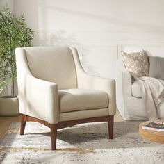 a living room with two chairs and a rug in front of the chair is a potted plant