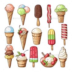 ice creams and desserts in different flavors - food objects clippings / illustrations