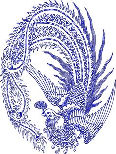 a blue and white drawing of a peacock