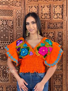 Mexican Traditional Clothing, Traditional Mexican Shirts, Mexican Outfits, Low Cut Crop Top, Floral Pattern Shirt, Frida Kahlo Style, Flowers Embroidered, Mexican Shirts, Mexican Fashion